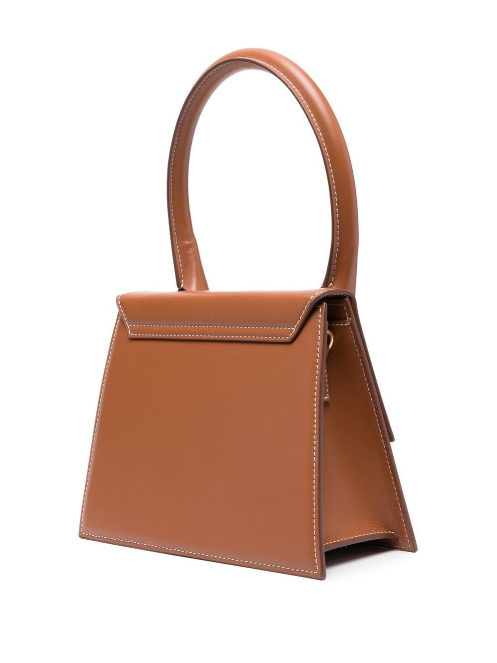 JACQUEMUS Tobacco Brown Calf Leather Handbag with Gold-Tone Logo and Single Top Handle