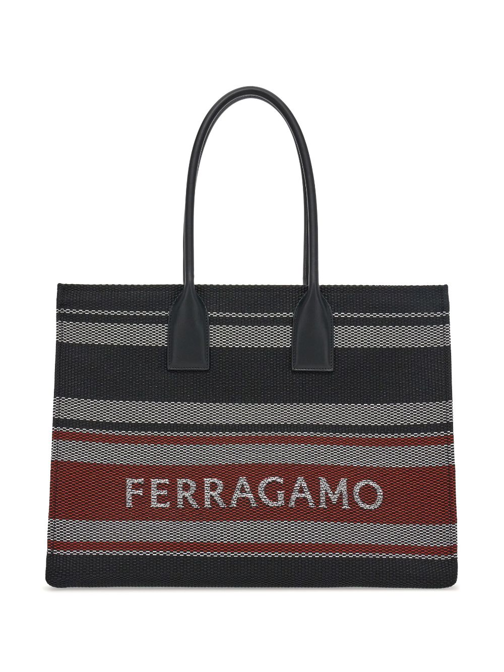 FERRAGAMO Chic Jacquard Stripe Large Tote with Removable Pouch - Black, White, and Dark Red