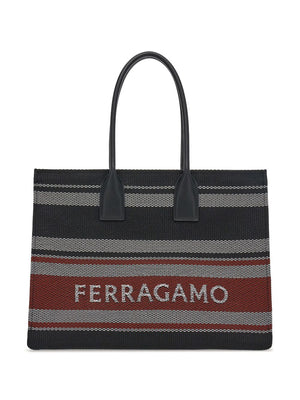 FERRAGAMO Chic Jacquard Stripe Large Tote with Removable Pouch - Black, White, and Dark Red