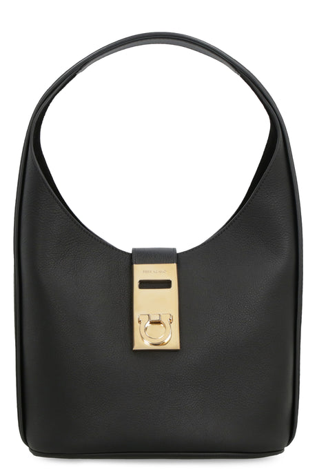 FERRAGAMO Black Pebbled Leather Hobo Handbag for Women