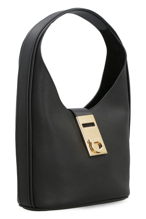 FERRAGAMO Black Pebbled Leather Hobo Handbag for Women