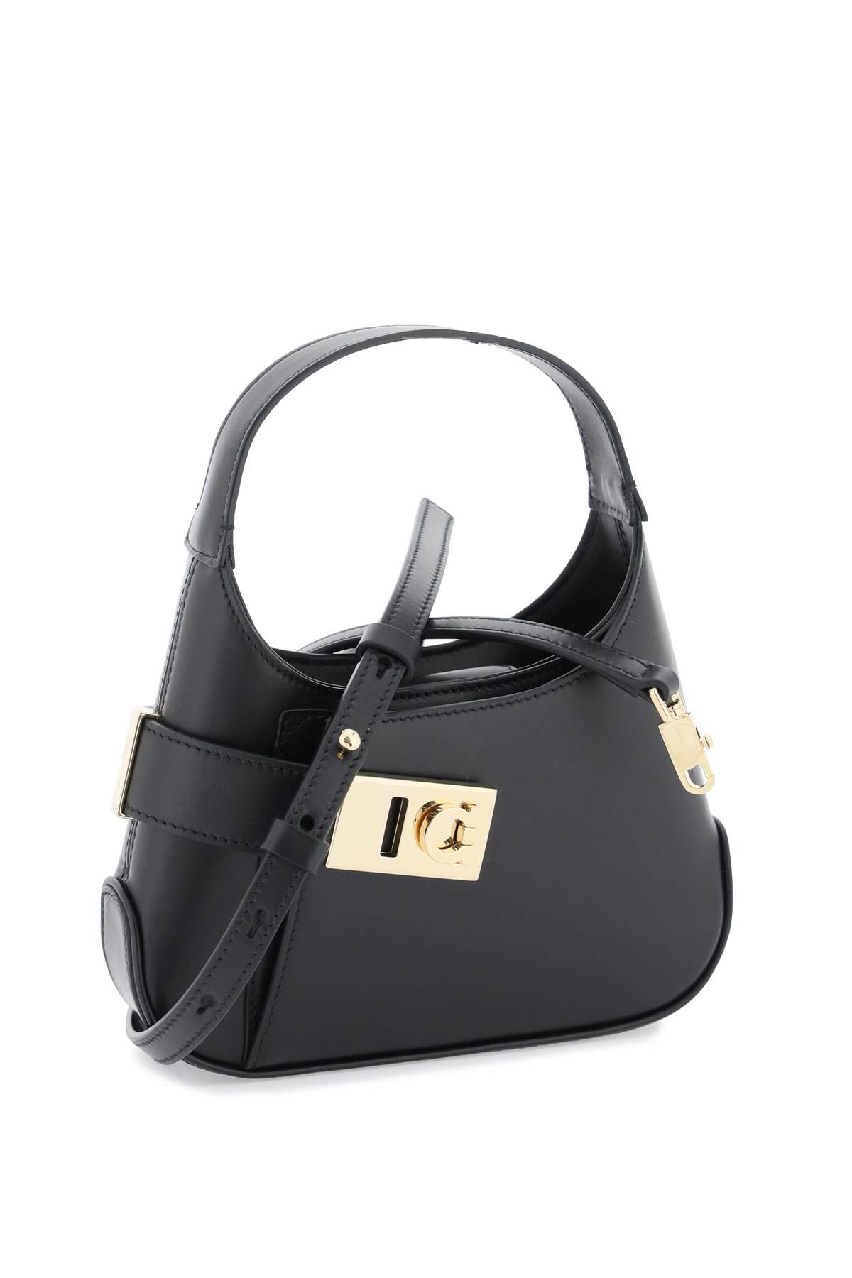 FERRAGAMO Mini Hobo Leather Shoulder Bag with Asymmetrical Gold-Tone Buckle - Black