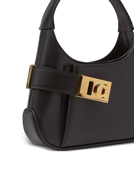 FERRAGAMO Black Mini Leather Shoulder Bag with Gancini Buckle and Single Top Handle for Women SS24