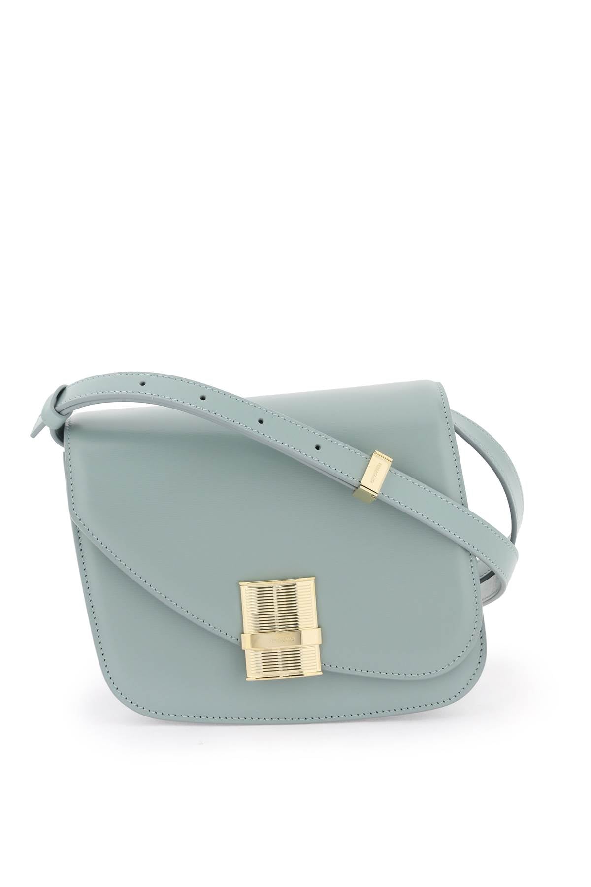 FERRAGAMO Green Smooth Leather Crossbody Handbag with Gold-Tone Metal Gancini Hook Closure