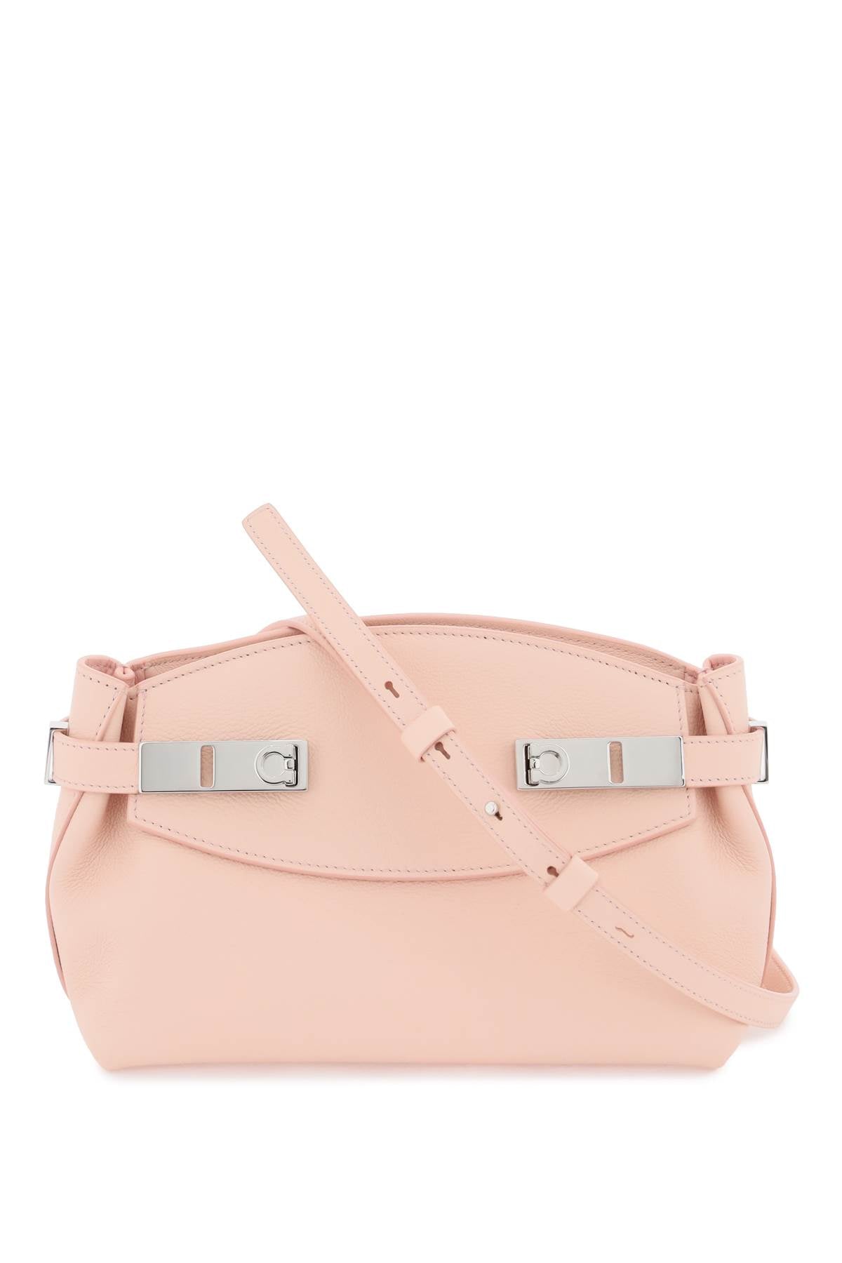 FERRAGAMO Small Hug Pink Leather Pouch Handbag with Gancini Silver-Tone Buckle and Removable Strap