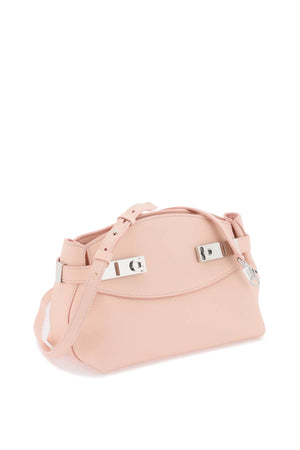 FERRAGAMO Small Hug Pink Leather Pouch Handbag with Gancini Silver-Tone Buckle and Removable Strap