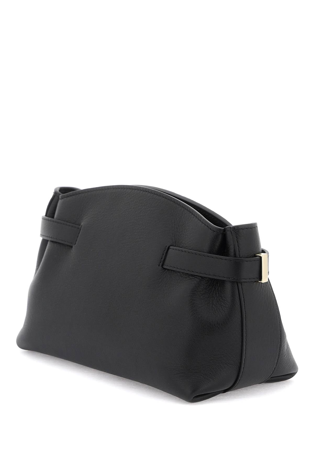 FERRAGAMO Small Hug Black Leather Crossbody Bag with Gold-Tone Gancini Closure and Adjustable Strap