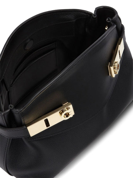 FERRAGAMO Jet Black Mini Leather Crossbody Bag with Gold-Tone Gancini Clasp