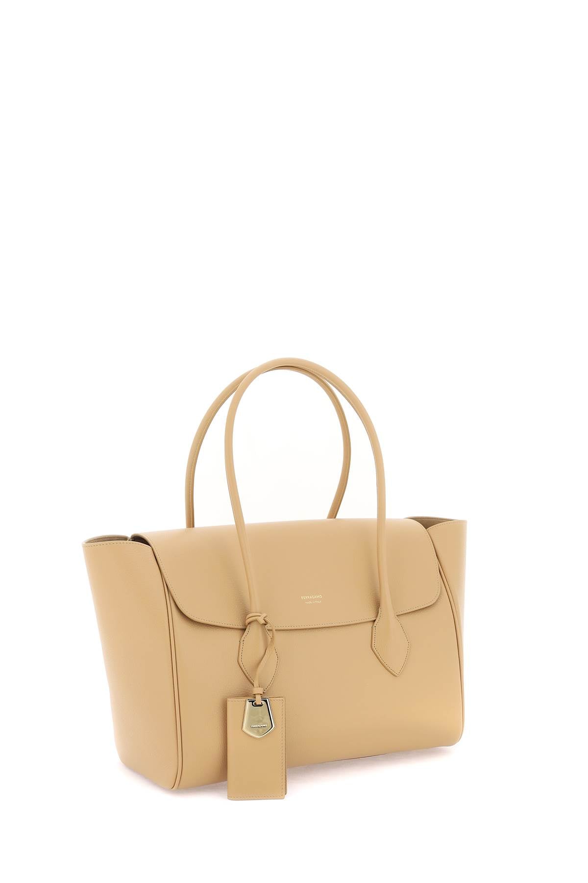 FERRAGAMO Salvatore Large Tan Grained Leather Tote with Gold Logo and Suede Interior