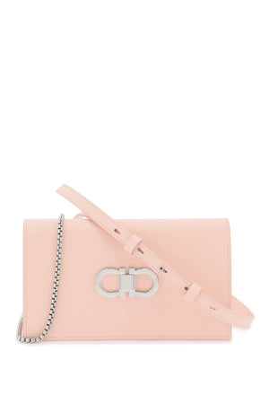 FERRAGAMO Mini Crossbody Pink Leather Handbag with Silver Gancini Clasp and Convertible Strap