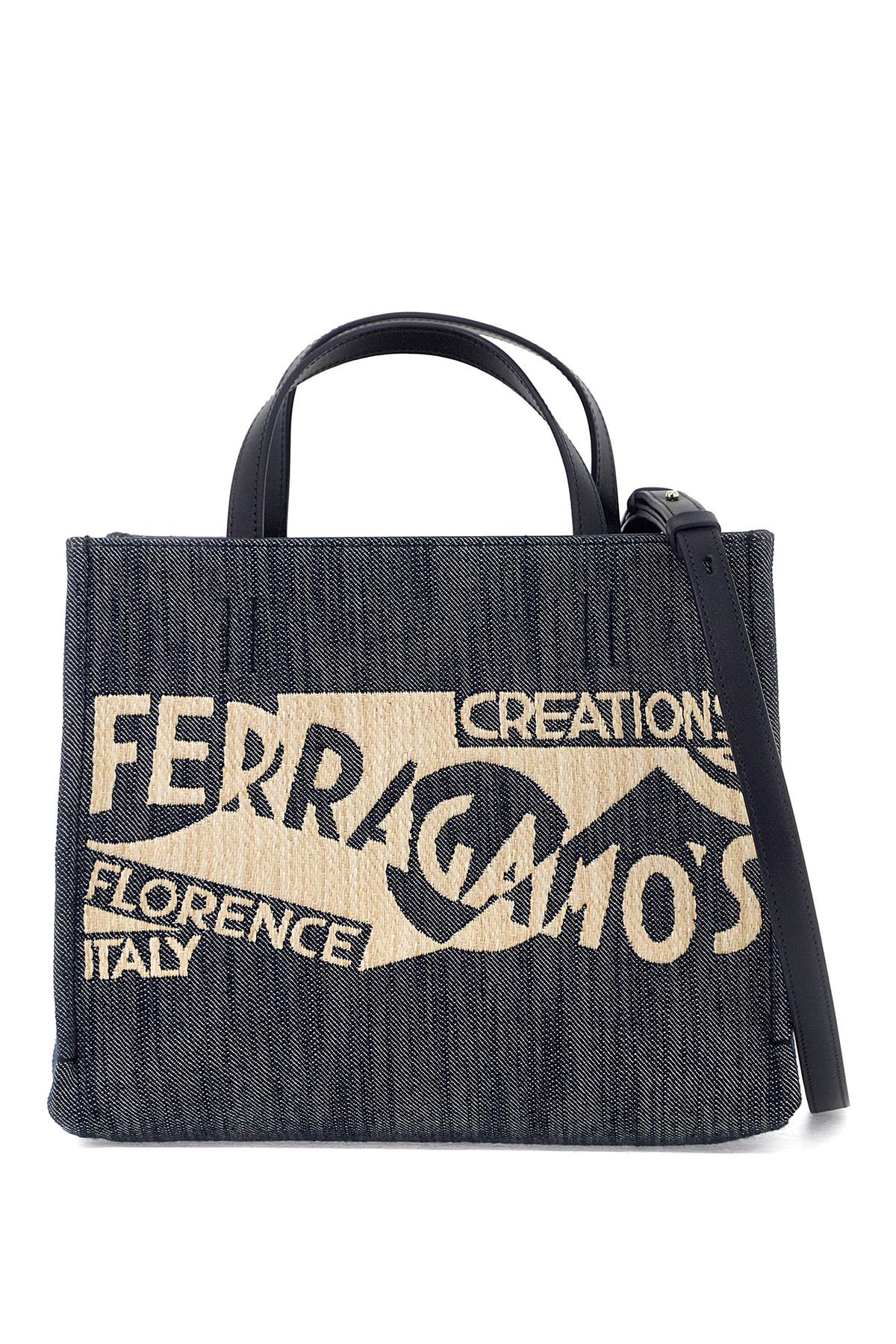 FERRAGAMO Vintage Logo Denim Mini Tote with Leather Accents and Adjustable Strap