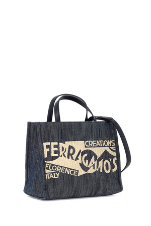 FERRAGAMO Vintage Logo Denim Mini Tote with Leather Accents and Adjustable Strap