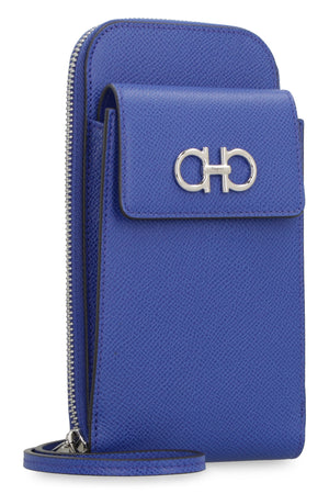 FERRAGAMO Blue Pebbled Calfskin Mobile Phone Case with Front Flap Pocket and Removable Strap