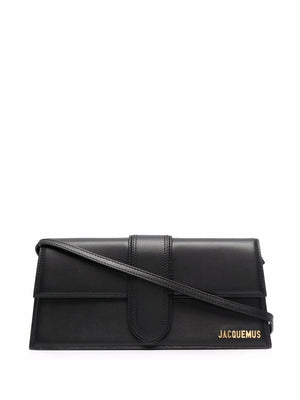 JACQUEMUS Black Leather Long Mini Shoulder Handbag with Gold-Tone Accents