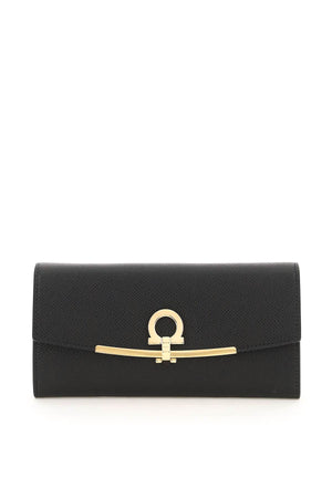 FERRAGAMO Gancini Hook Continental Wallet in Grained Leather with Clip Closure and Central Zipper Pocket