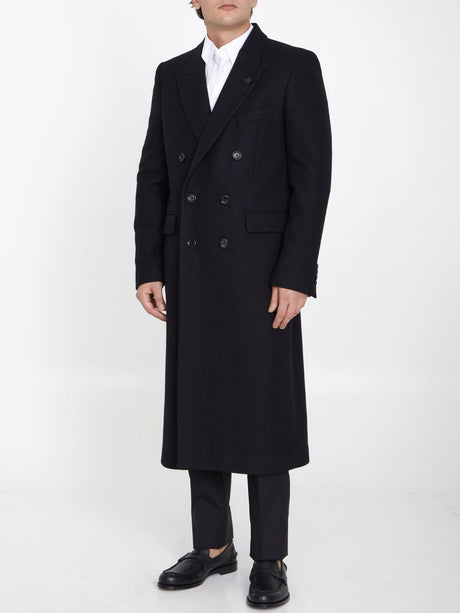 Áo khoác nam đen đôi dáng dài từ wool