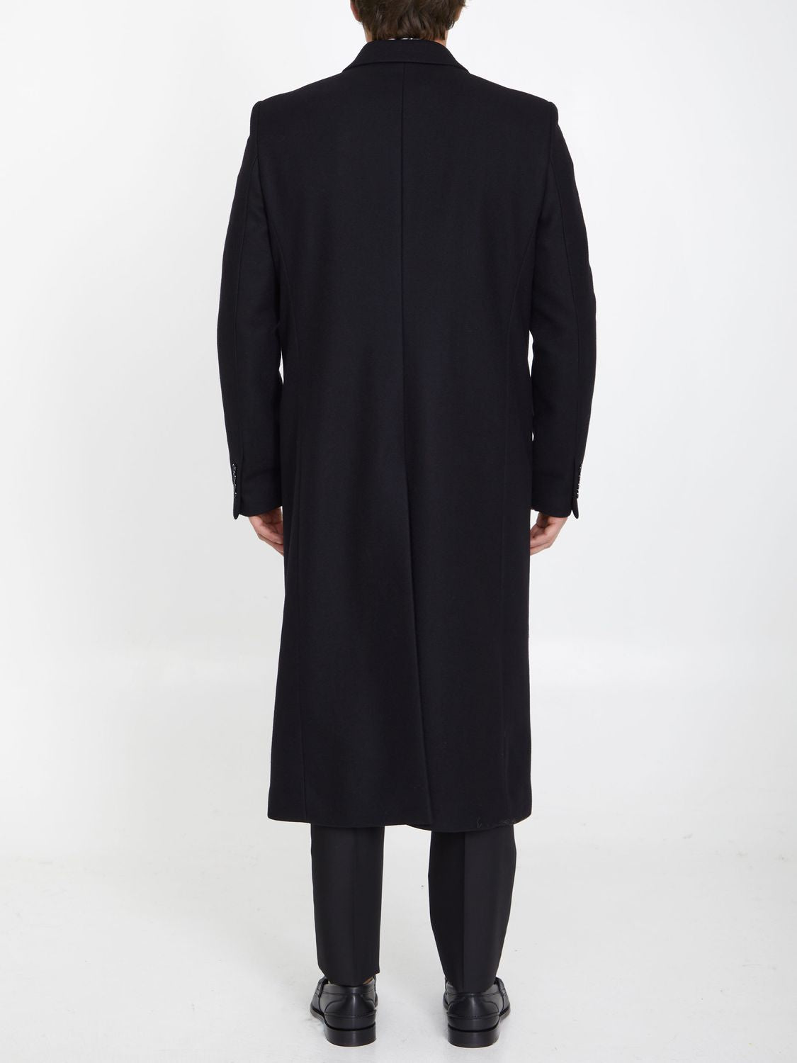 Áo khoác nam đen đôi dáng dài từ wool