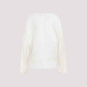 KHAITE Silk Boat Neck Top with Pleated Long Sleeves