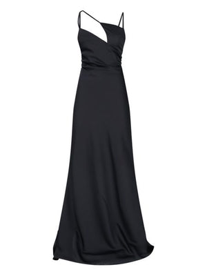 Đầm dài đen satin sần chữ A cho phụ nữ - Bộ sưu tập SS23