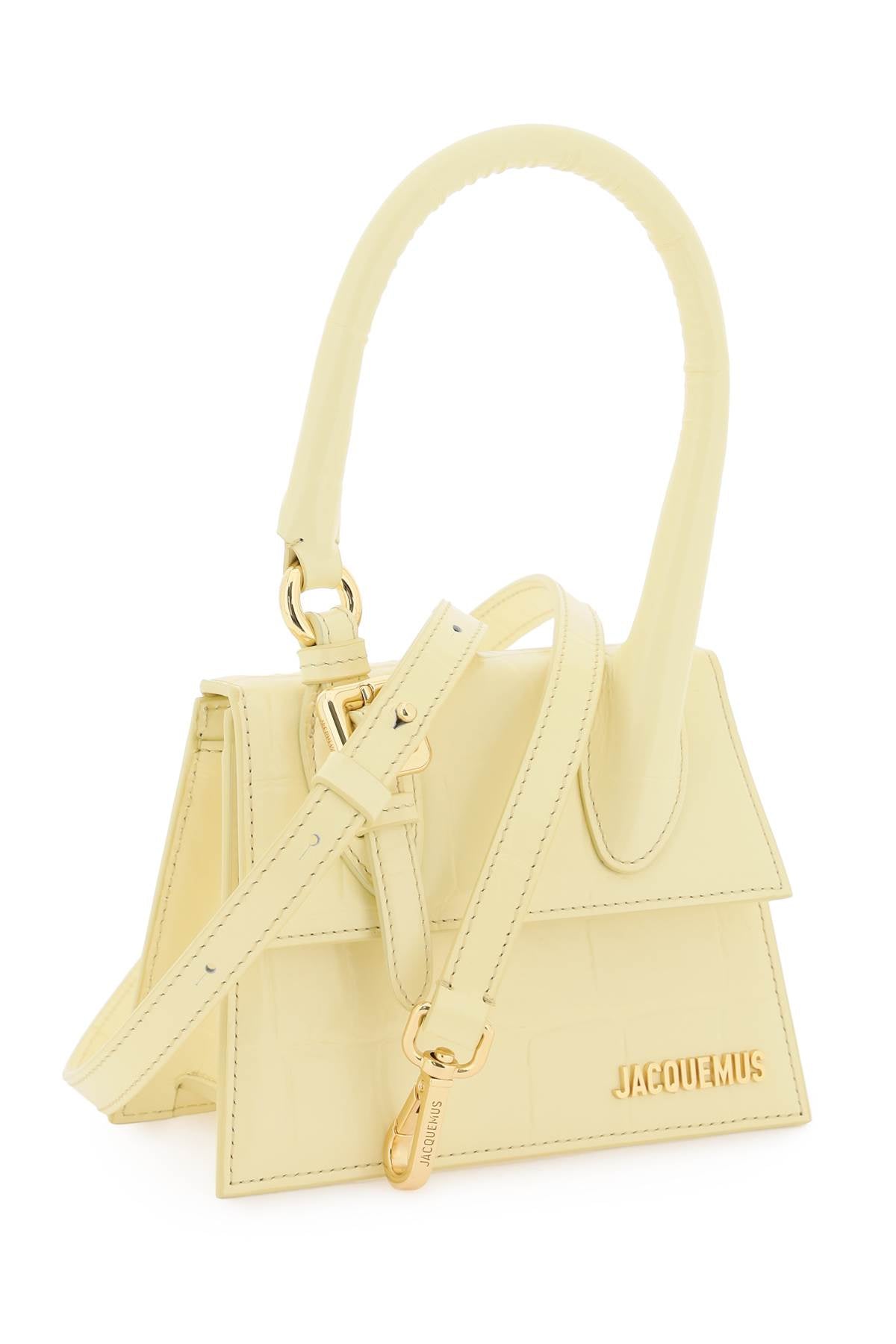 JACQUEMUS Yellow Croco-Embossed Leather Handbag with Gold Hardware and Ring Detail