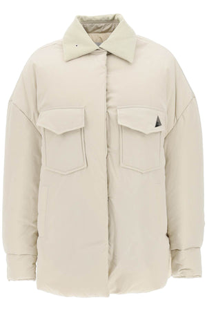 THE ATTICO Oversized Tan Puffer Jacket with Corduroy Collar and Lavender Logo Plaque