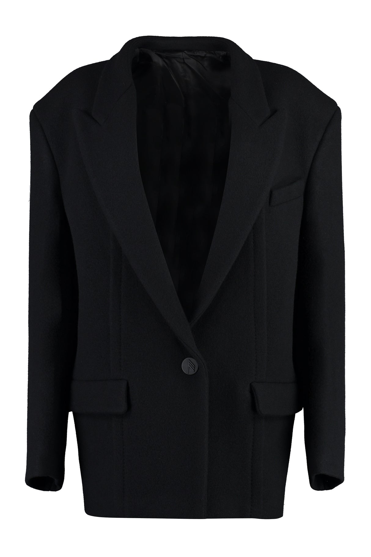 Áo khoác len đen cho phụ nữ - Kiểu dáng rộng cùng vai dày và cổ áo lapel