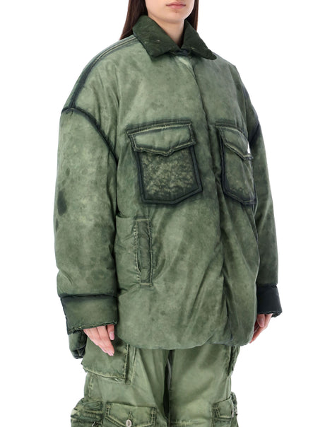 THE ATTICO Military Green Oversize Padded Jacket with Corduroy Point Collar and Logo Metal Stud