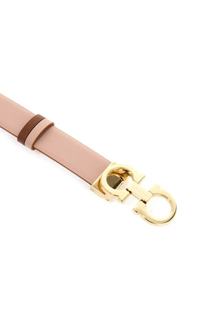 FERRAGAMO Reversible Pink Leather Belt with Gold-Tone Gancini Hook Buckle for Women