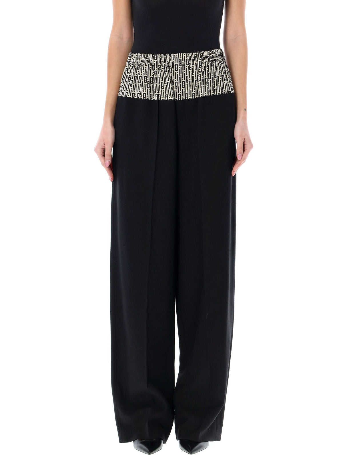 FENDI Black Wool Cigarette Pants for Women with High Waist and Peplum Detail