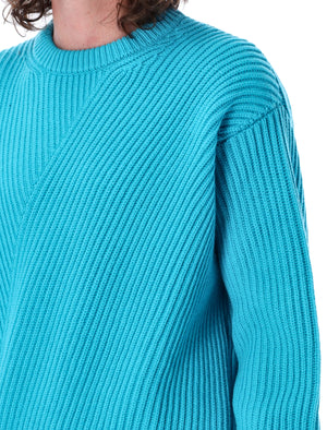 JIL SANDER Men's Ribbed Fine Wool Sweater in Turquoise for FW23