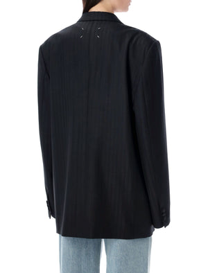 MAISON MARGIELA Black Wool Blazer for Women with Tonal Striped Pattern and Oversized Fit