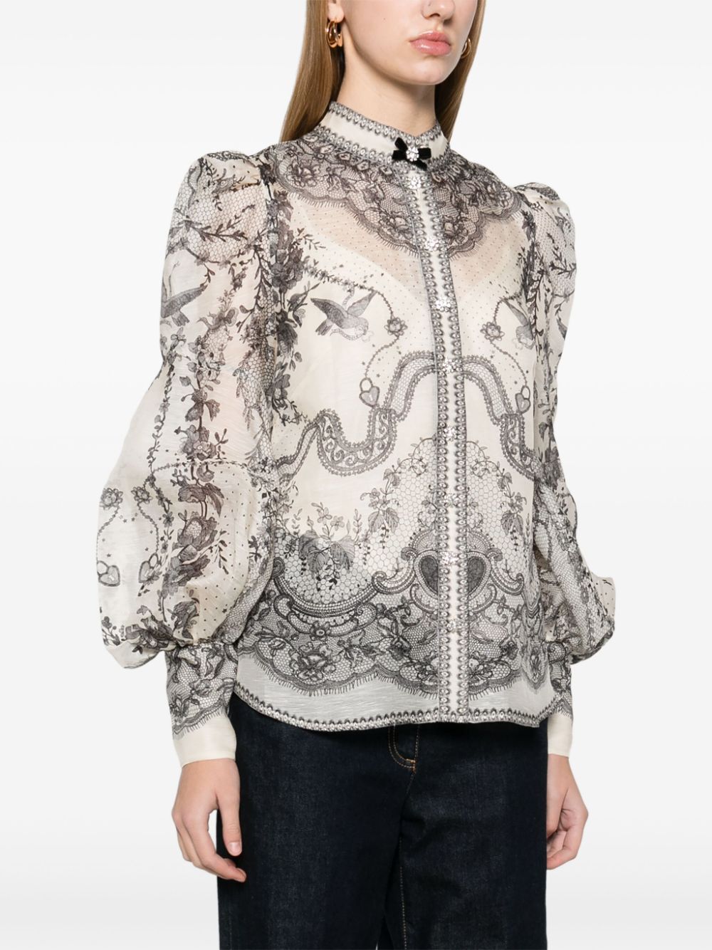 ZIMMERMANN Silk Blend Graphic Print Shirt with Crystal Buttons