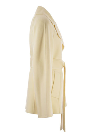 Bộ áo choàng cashmere nam nữ ngắn tay - Đôi lớp len & cashmere, cài kép, Kem (SS24)