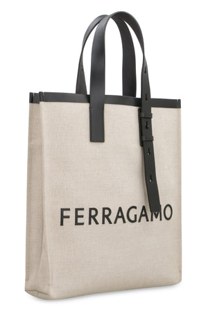 FERRAGAMO Men's Canvas Tote Handbag with Leather Details and Adjustable Handles