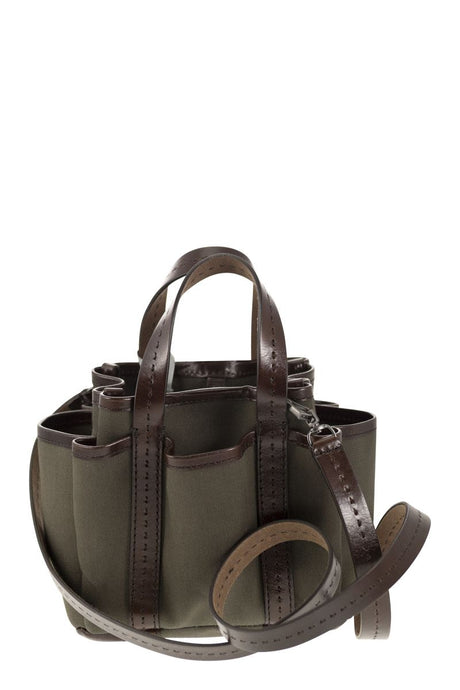 MAX MARA Mini Giardiniera Dark Green Canvas and Leather Tote Handbag with Removable Strap - 25x14x17.5 cm