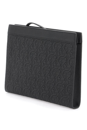 FERRAGAMO Embossed Leather Gancini Hook Pouch Handbag for Men