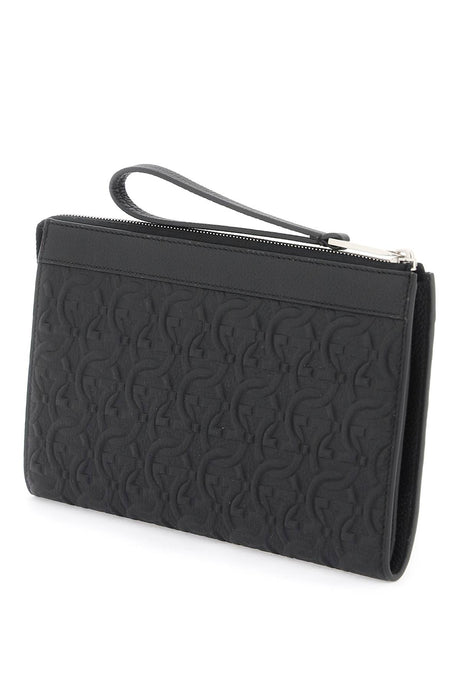 FERRAGAMO Embossed Leather Gancini Hook P Pattern Pouch Handbag for Men