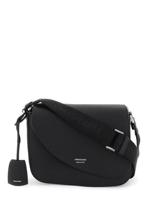 FERRAGAMO Salvatore Black Hammered Leather Flame Medium Shoulder Bag with Adjustable Strap and Steel Finish Accessories