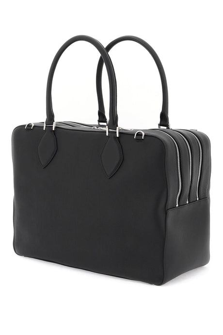 FERRAGAMO Black Triple-Compartment Small Leather Tote with Removable Card Holder and Adjustable Strap