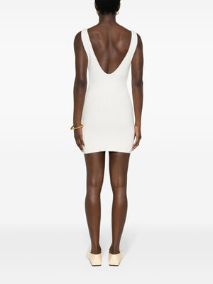 JACQUEMUS Ivory Ribbed Knit Thigh-Length Dress with Scalloped Detailing and Cut-Outs