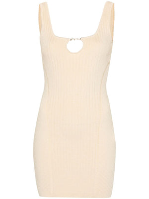 JACQUEMUS Ivory Ribbed Knit Thigh-Length Dress with Scalloped Detailing and Cut-Outs