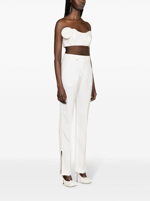 JACQUEMUS High-Waisted Straight-Leg Split Pants with Inlaid Ribbon