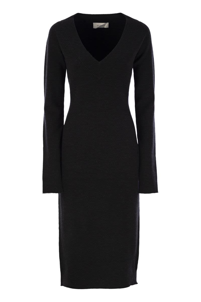 MAX MARA SPORTMAX Cashmere Blend Knit Dress with Deep V-Neck and Long Sleeves - Knee Length