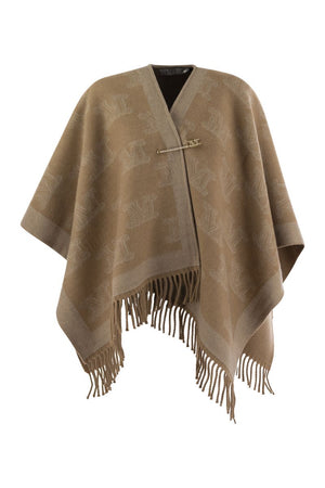 MAX MARA FRINE - WOOL CAPE WITH FRINGES AND BROOCH PIN