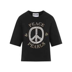 MOSCHINO COUTURE Luxury Pearl-Embellished Black Cotton Tee