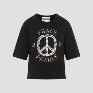 MOSCHINO COUTURE Luxury Pearl-Embellished Black Cotton Tee