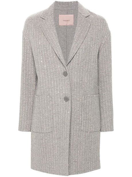 TWIN-SET Light Grey Wool Blend Jacket with Sequin Details