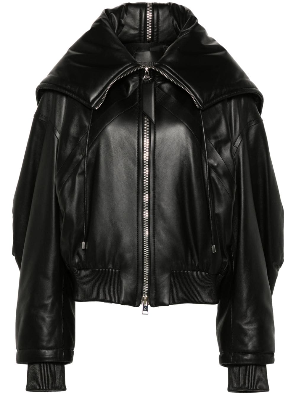 THE ATTICO Urban Luxe Black Leather Cropped Bomber Jacket