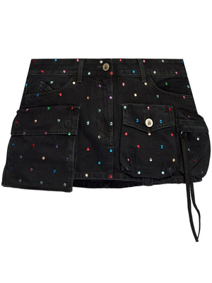 THE ATTICO Jet Black Cotton Mini Skirt with Rhinestone Embellishments