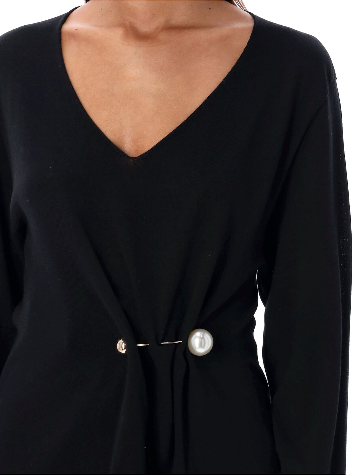 PHILOSOPHY DI LORENZO SERAFINI Elegant V-Neck Wool Sweater with Pearl Brooch